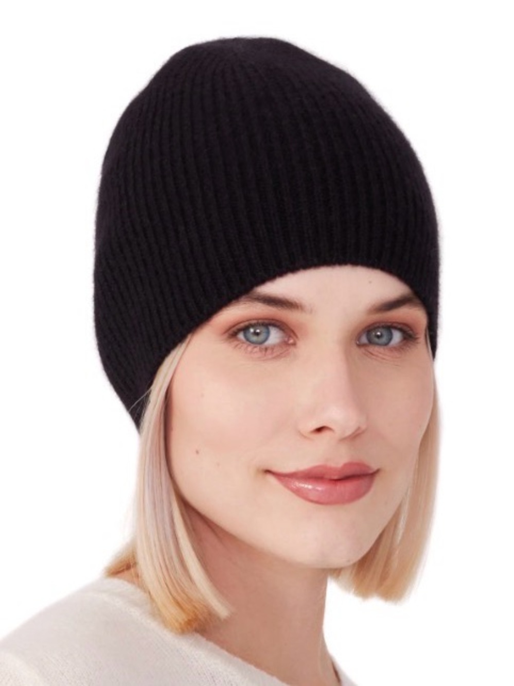 NWT PORTOLANO 100% CASHMERE BLACK BEANY FULL NEEDLE RIB ONE SIZE